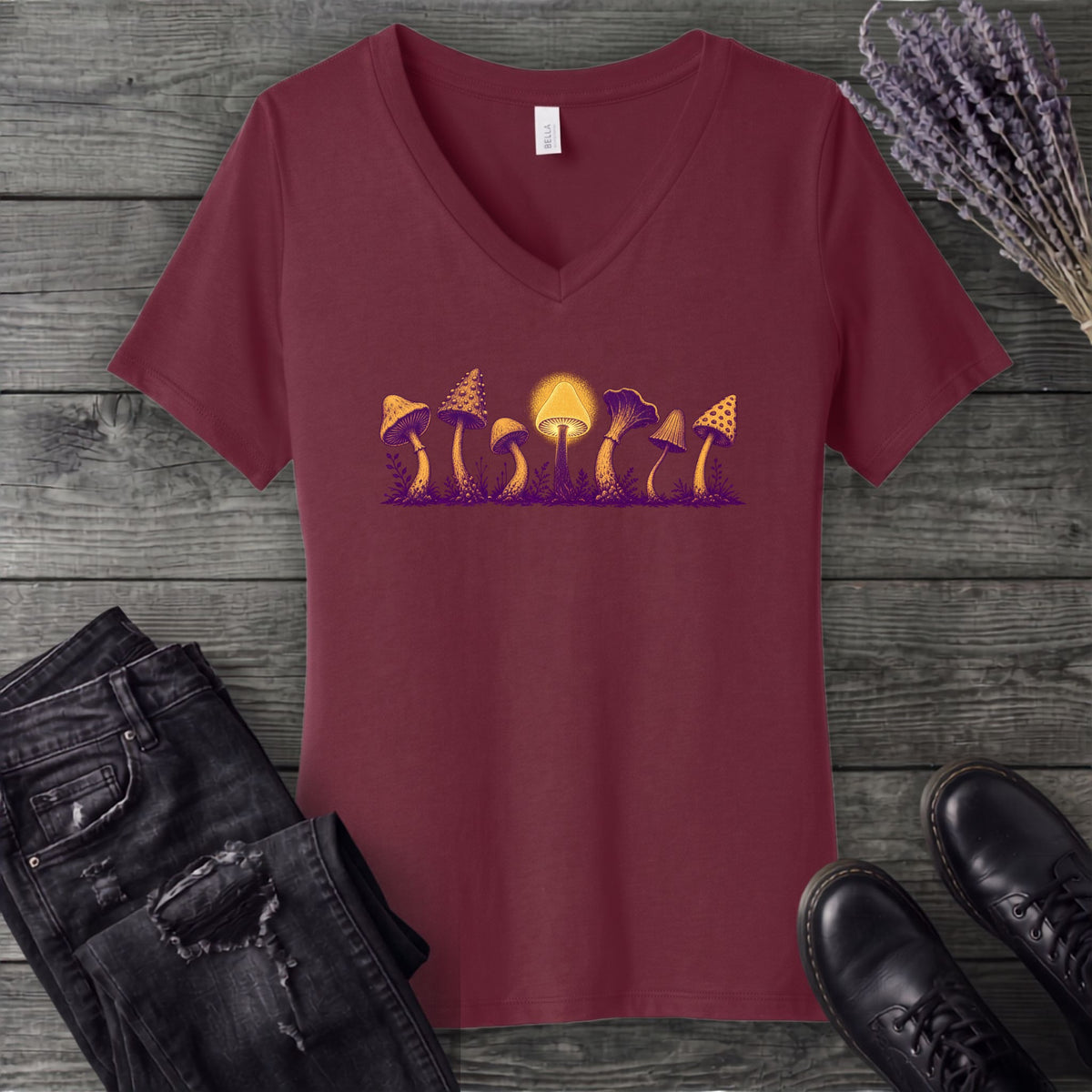 Golden Mushroom Grove V-Neck T-Shirt