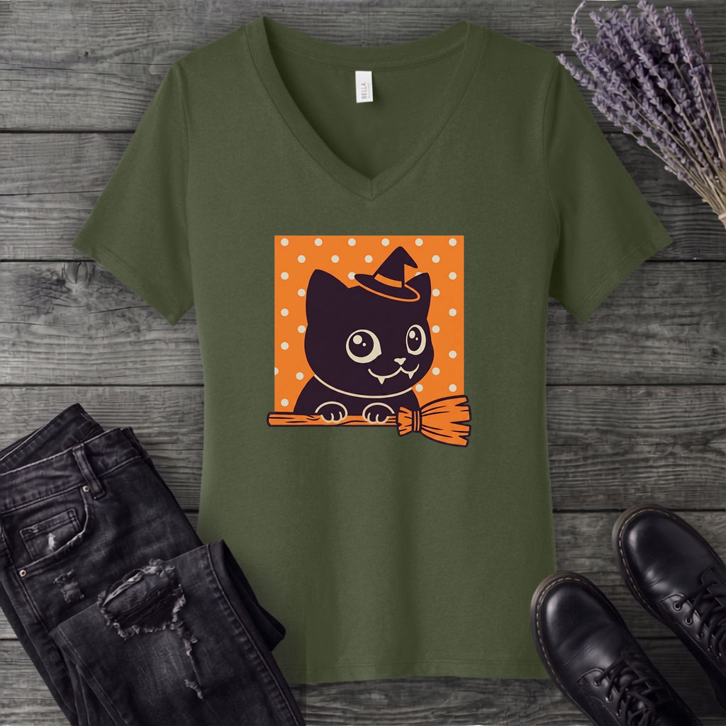 Broomstick Kitty V-Neck T-Shirt