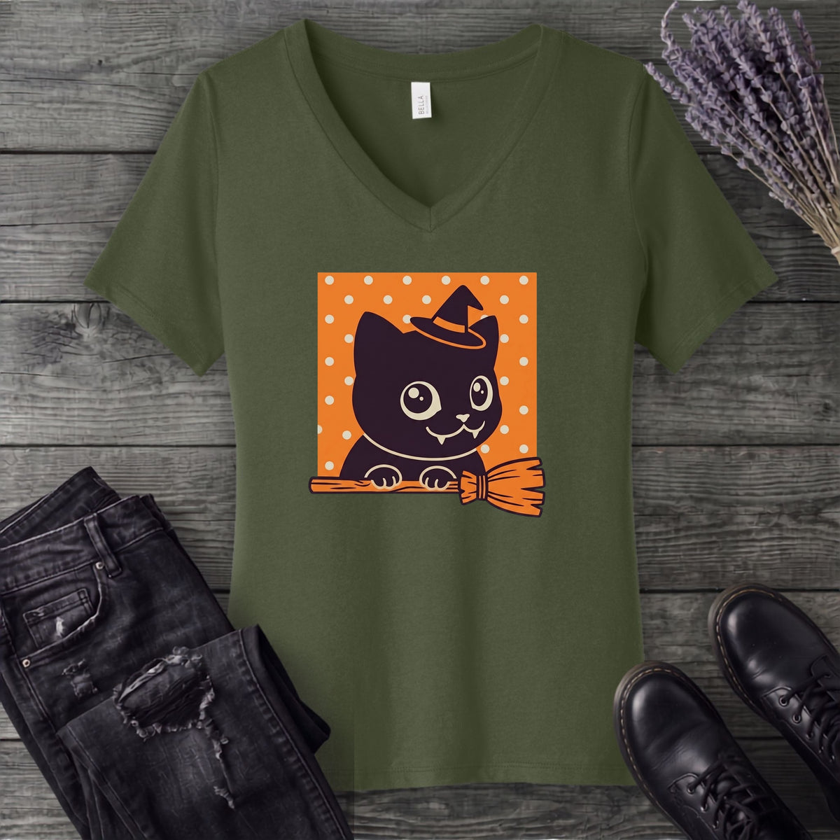 Broomstick Kitty V-Neck T-Shirt