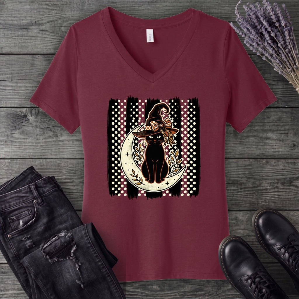 PolkaDot Witchy Cat V-Neck T-Shirt