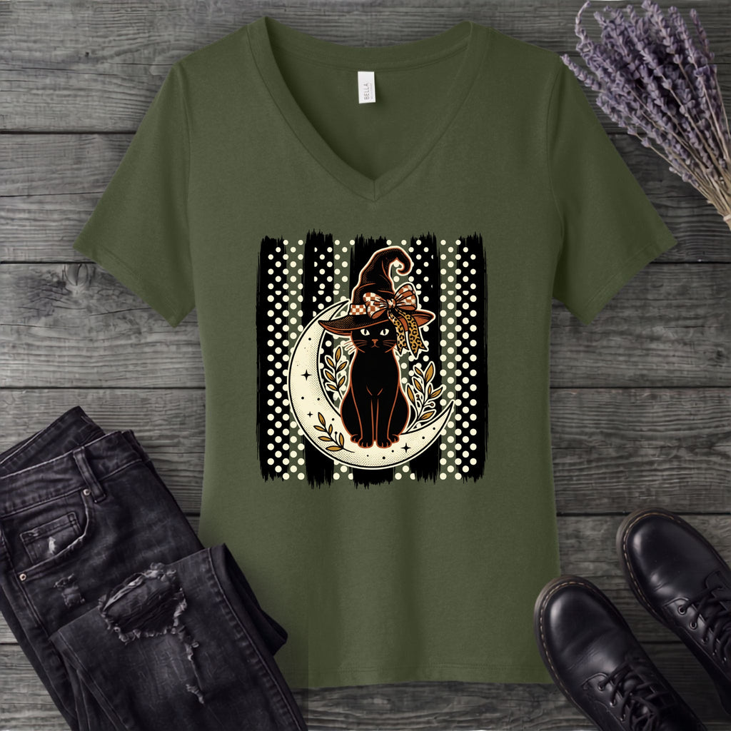 PolkaDot Witchy Cat V-Neck T-Shirt
