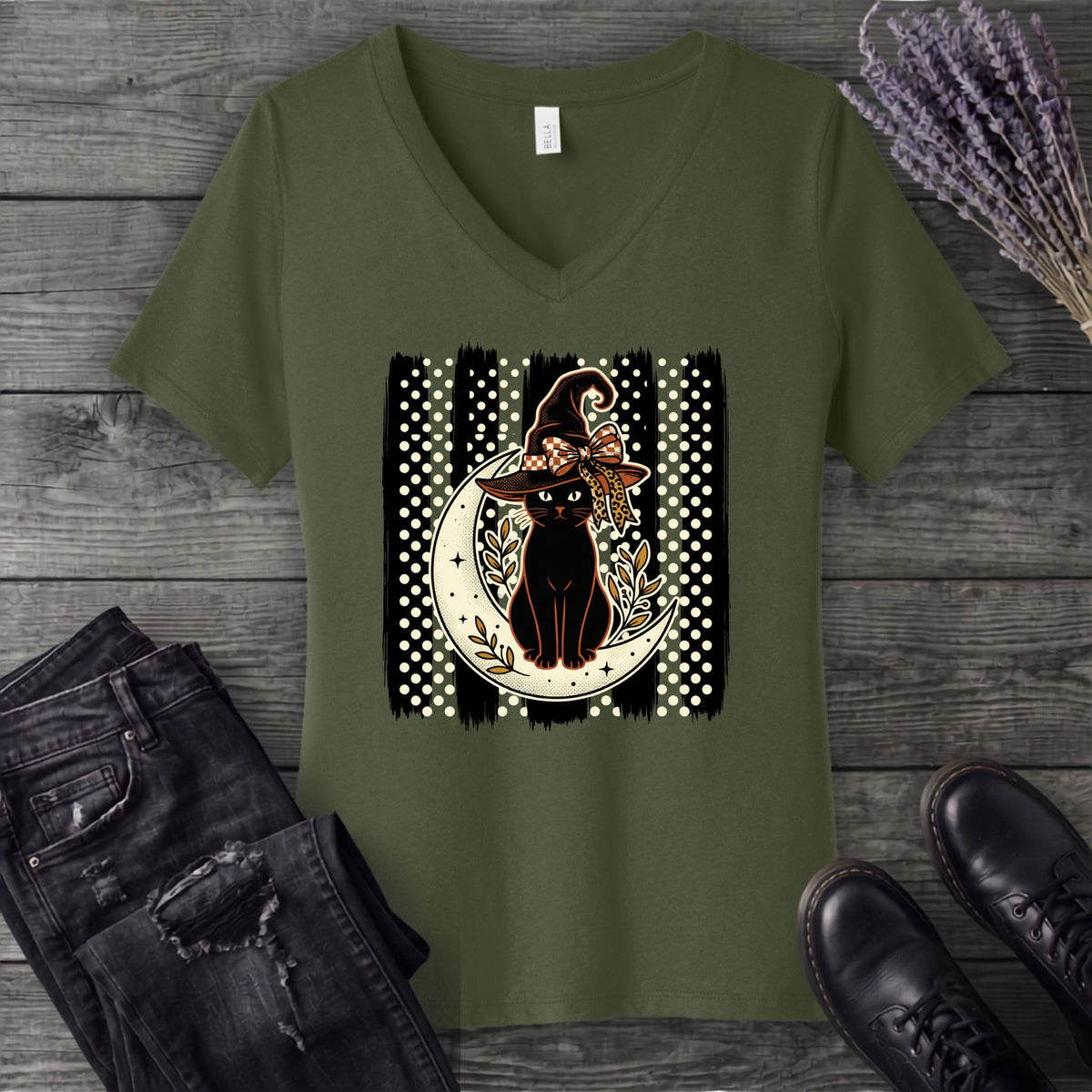PolkaDot Witchy Cat V-Neck T-Shirt