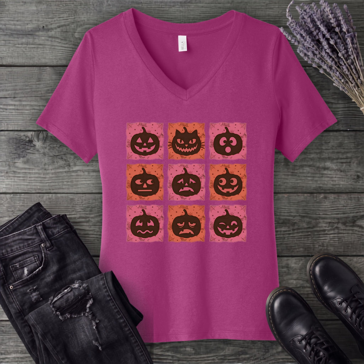 Pumpkin Faces Grid V-Neck T-Shirt
