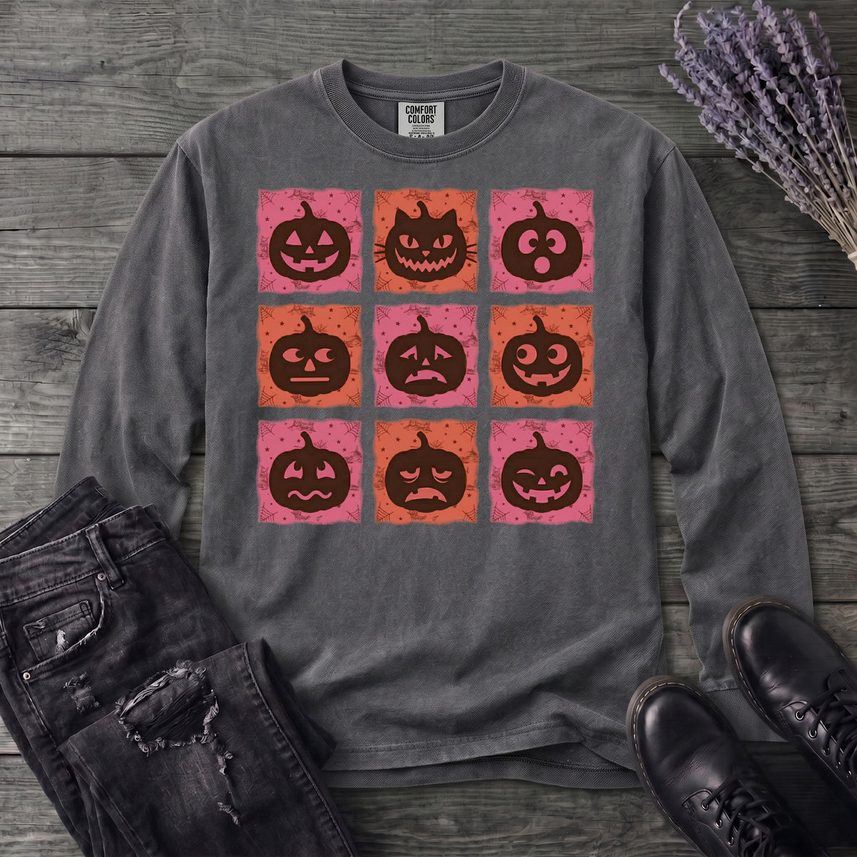 Pumpkin Faces Grid Long Sleeve T-Shirt