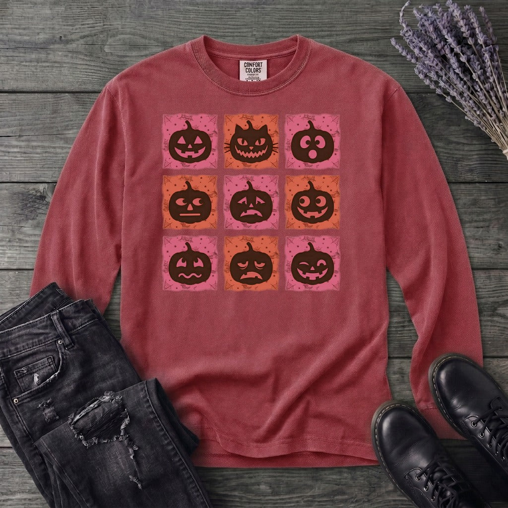 Pumpkin Faces Grid Long Sleeve T-Shirt
