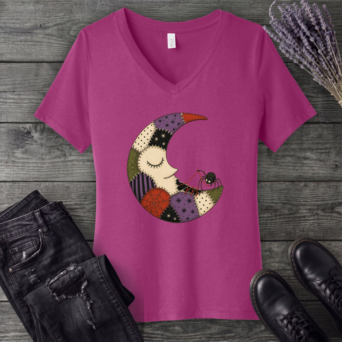 Spider Stitching Moon V-Neck T-Shirt
