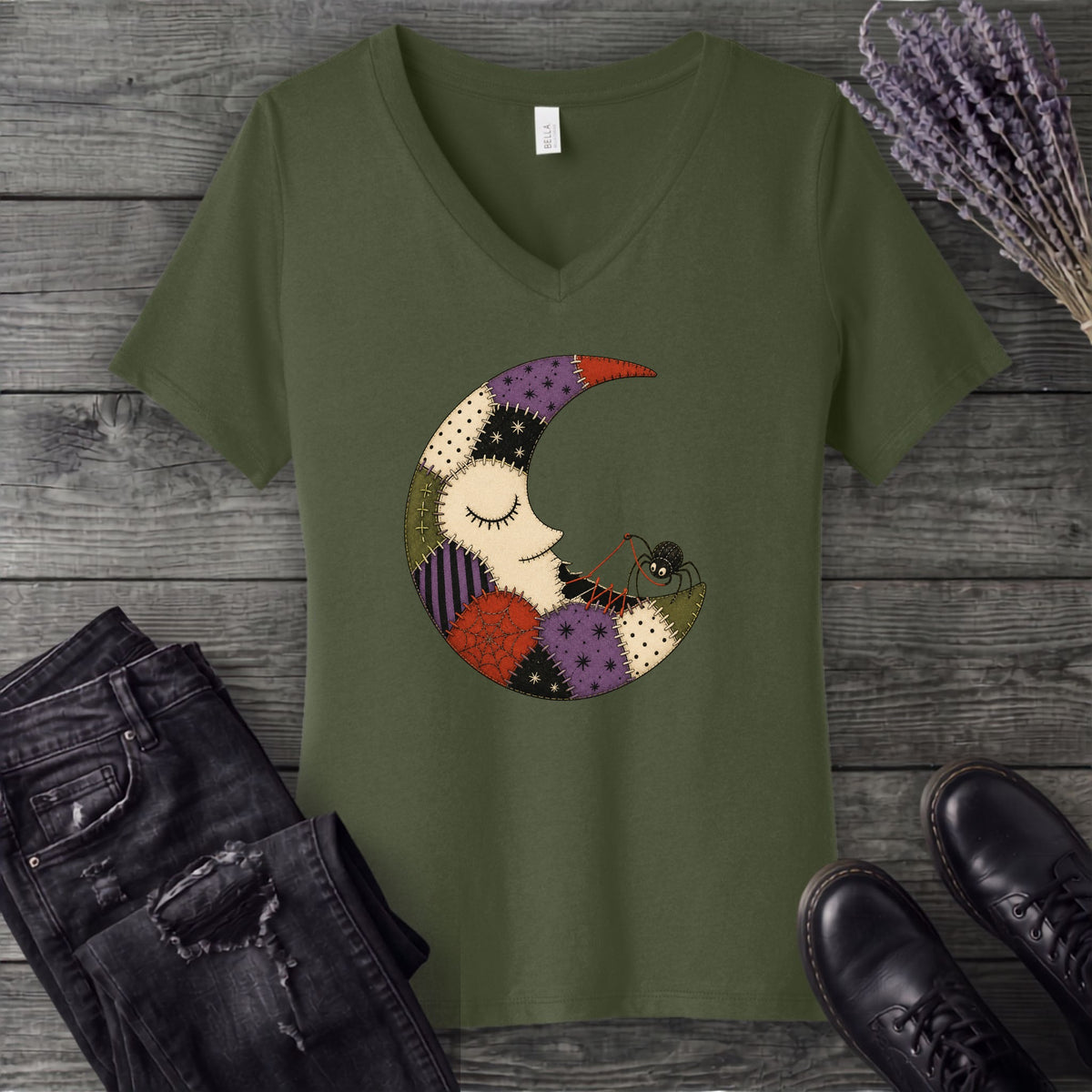 Spider Stitching Moon V-Neck T-Shirt