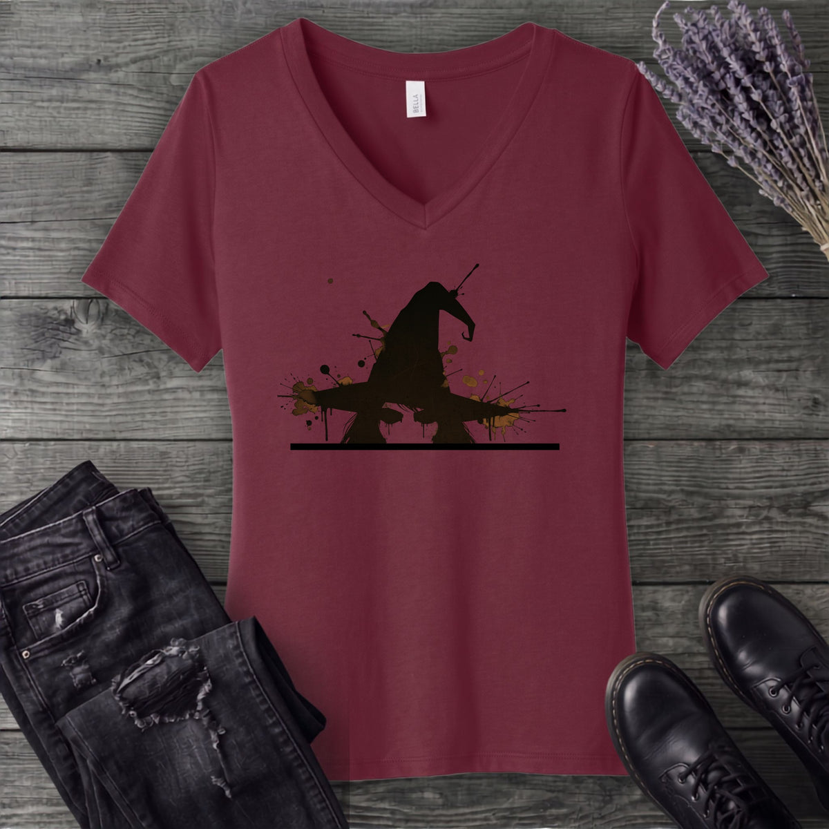 Ink Splatter Grunge Witch V-Neck T-Shirt
