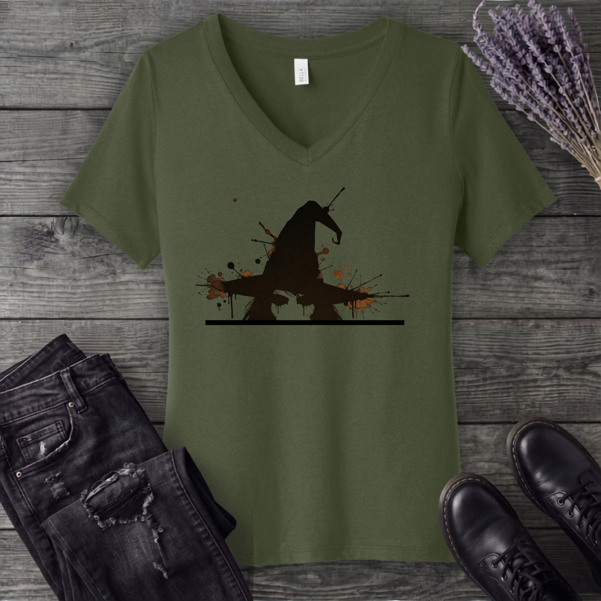 Ink Splatter Grunge Witch V-Neck T-Shirt