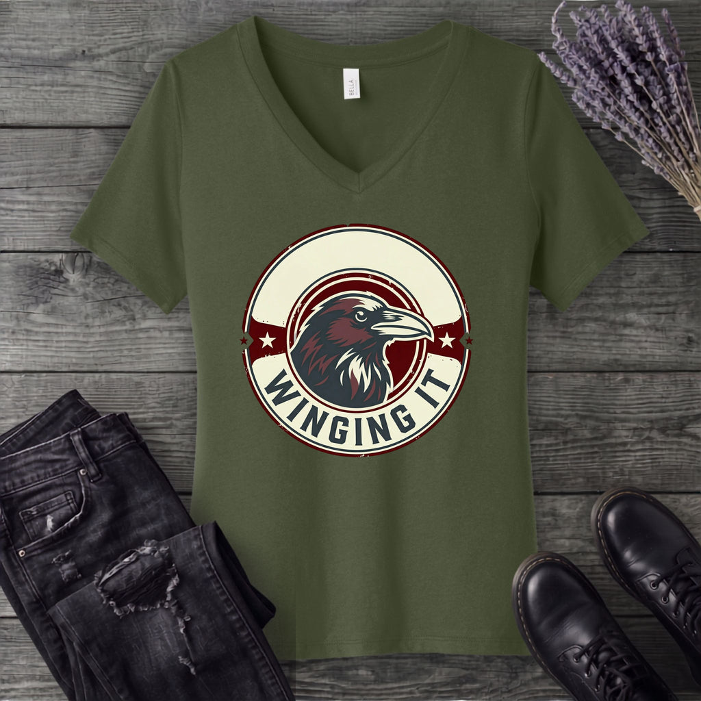 winging it crow V-Neck T-Shirt