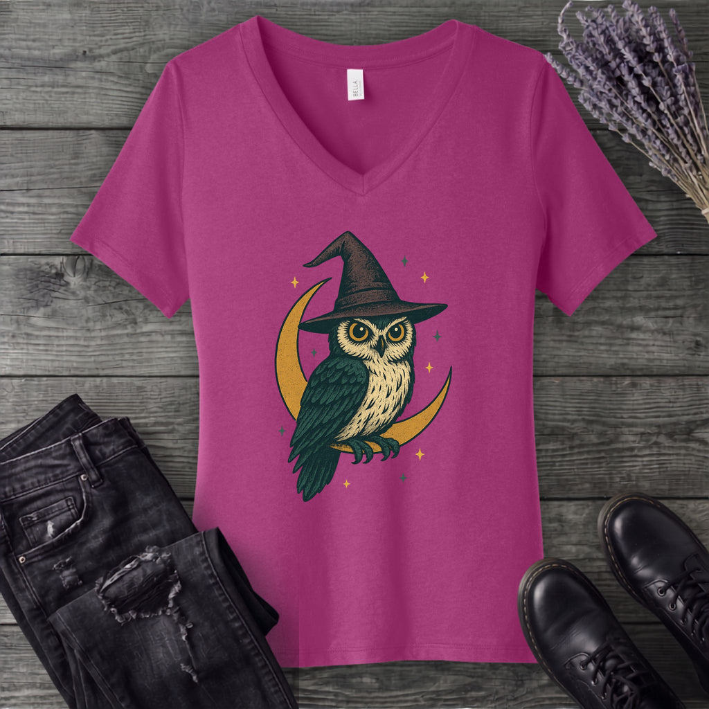 crescent moon witch owl V-Neck T-Shirt