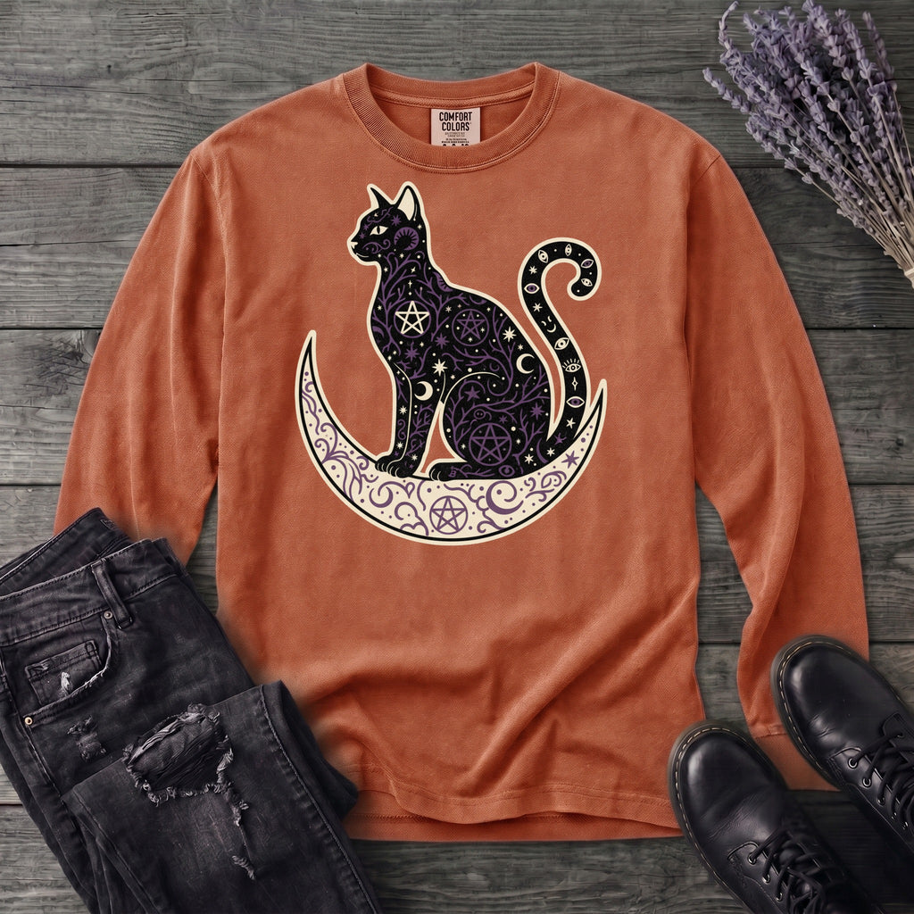 Celestial Cat Silhouette Long Sleeve T-Shirt