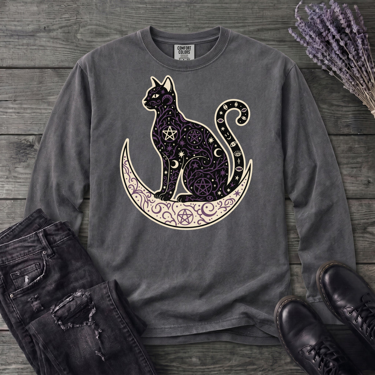 Celestial Cat Silhouette Long Sleeve T-Shirt