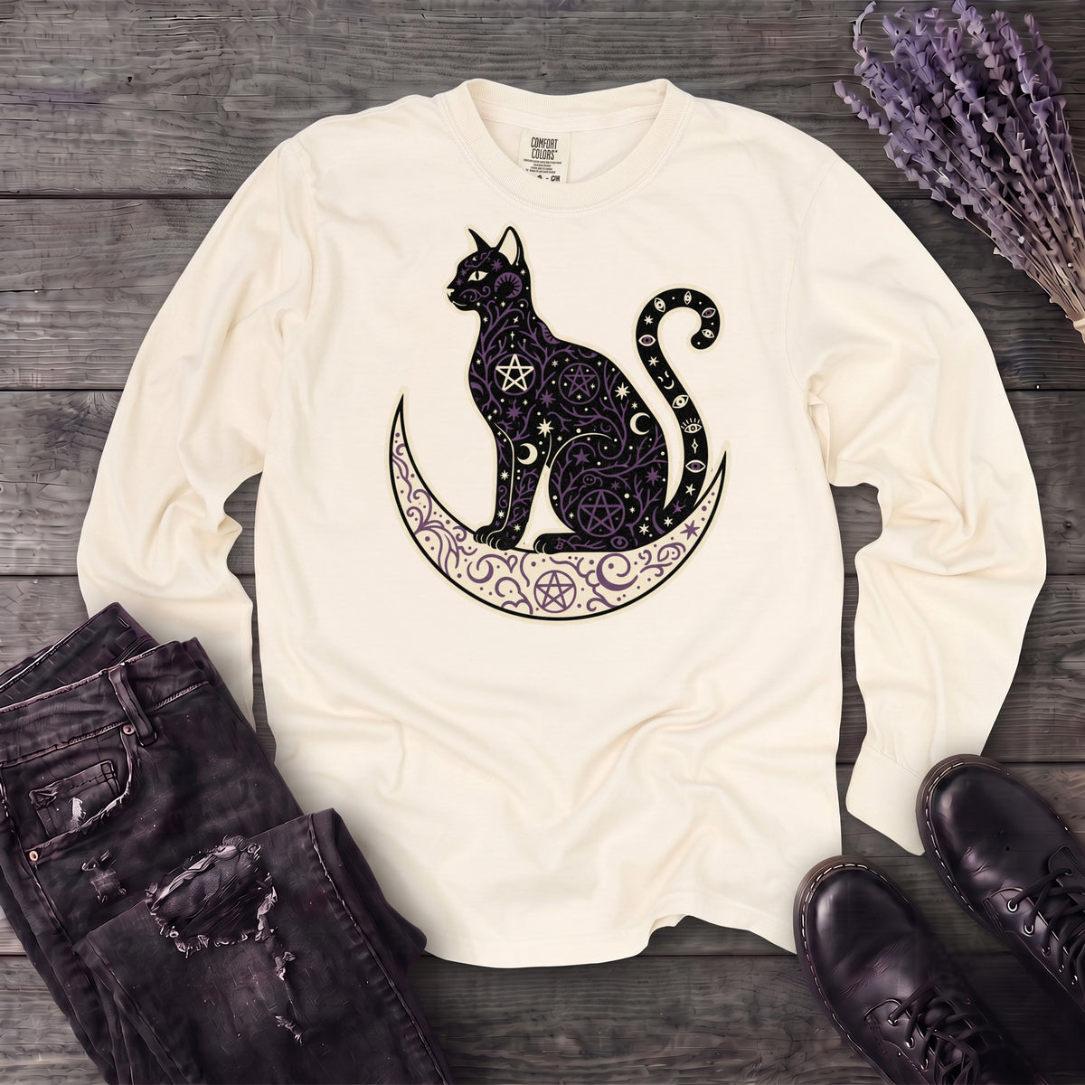 Celestial Cat Silhouette Long Sleeve T-Shirt