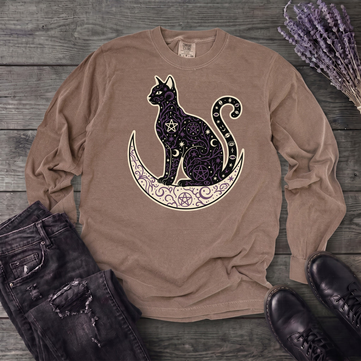 Celestial Cat Silhouette Long Sleeve T-Shirt