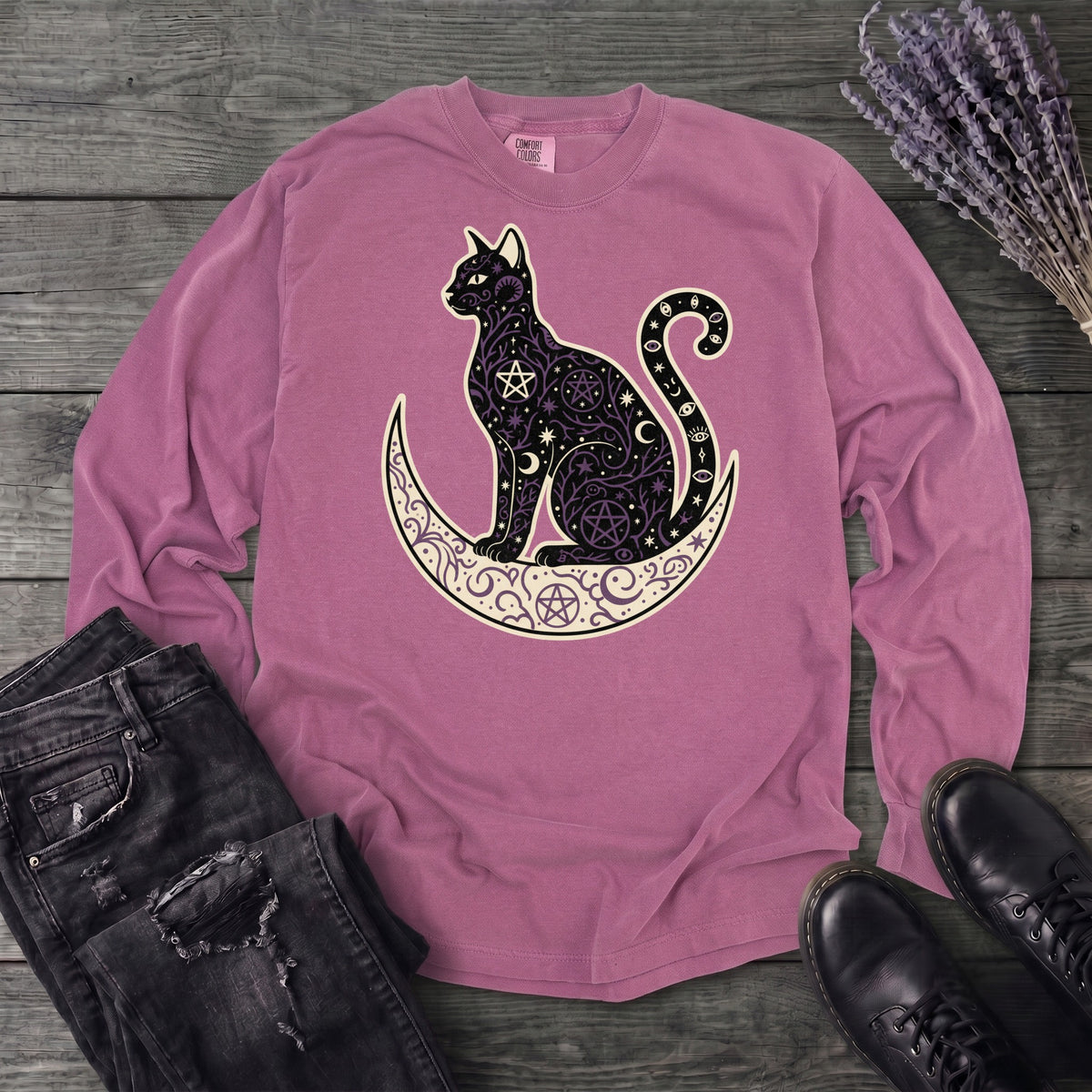 Celestial Cat Silhouette Long Sleeve T-Shirt