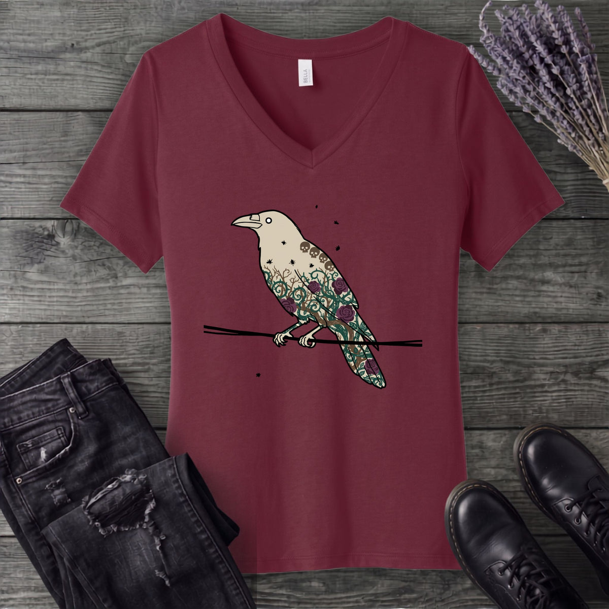 Crow Roses Silhouette V-Neck T-Shirt