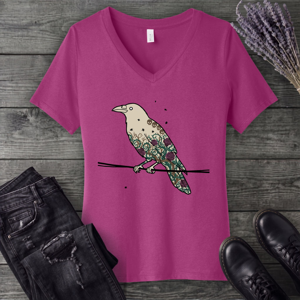 Crow Roses Silhouette V-Neck T-Shirt
