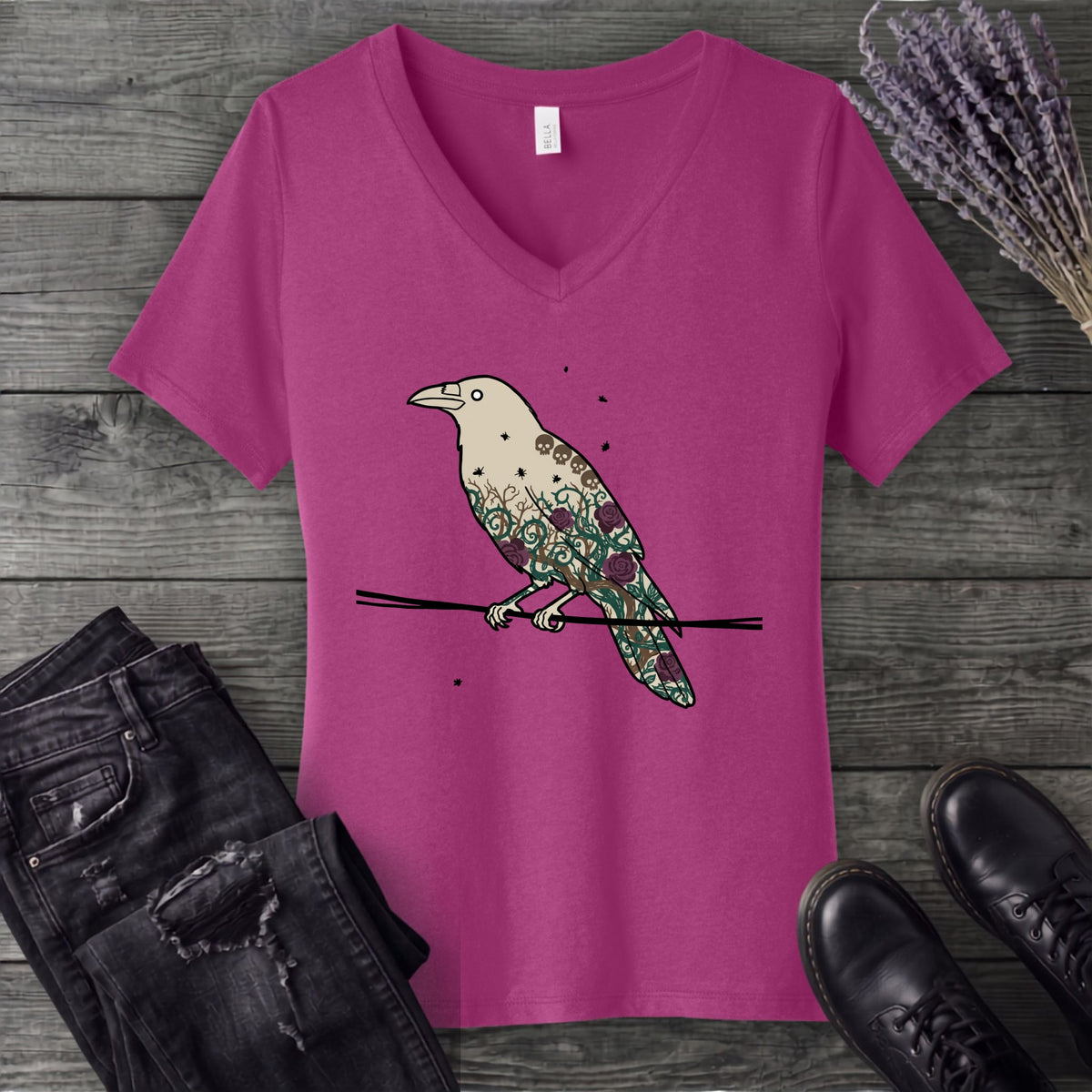 Crow Roses Silhouette V-Neck T-Shirt