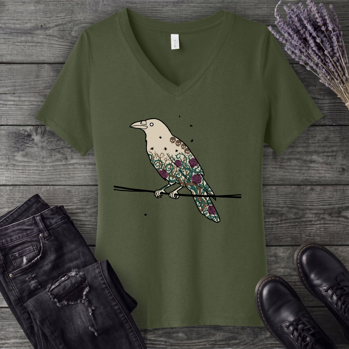 Crow Roses Silhouette V-Neck T-Shirt