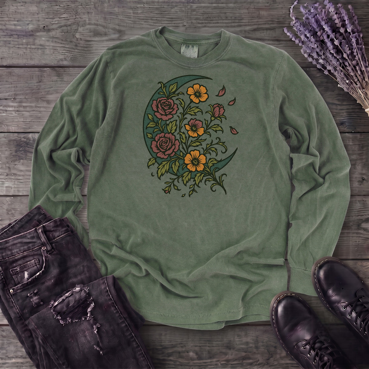 Crescent Moon Wildflowers Long Sleeve T-Shirt