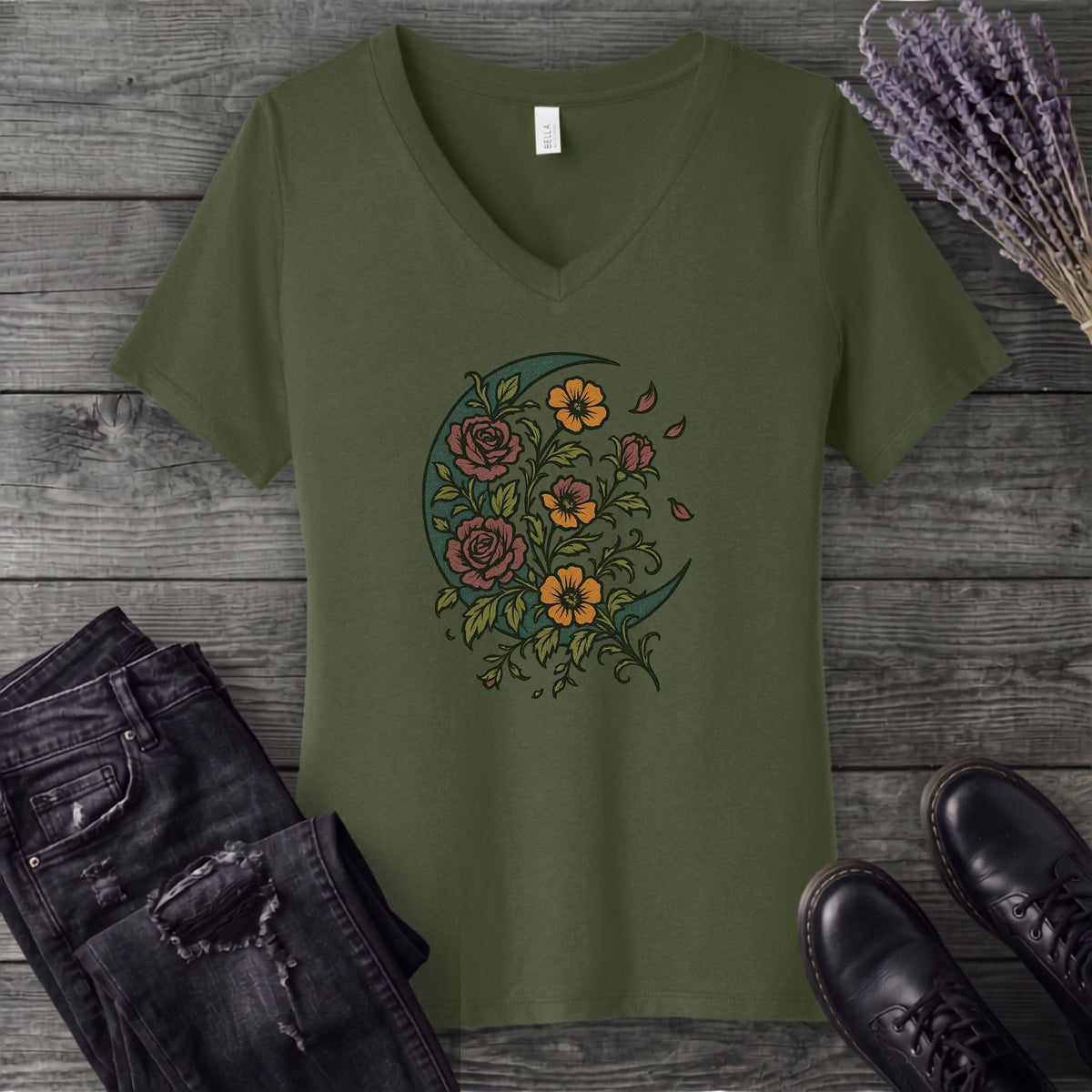 Crescent Moon Wildflowers V-Neck T-Shirt