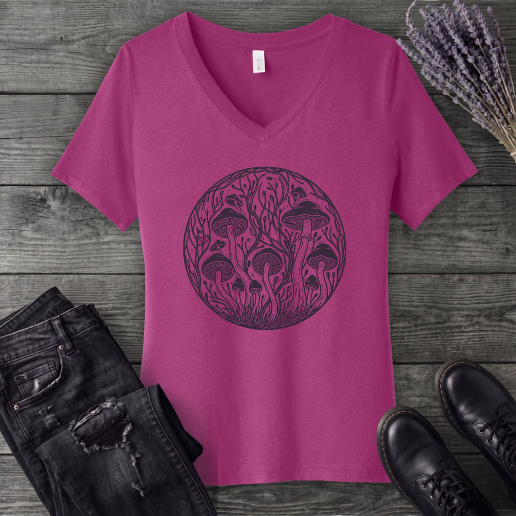 Linocut Mushroom Circle V-Neck T-Shirt
