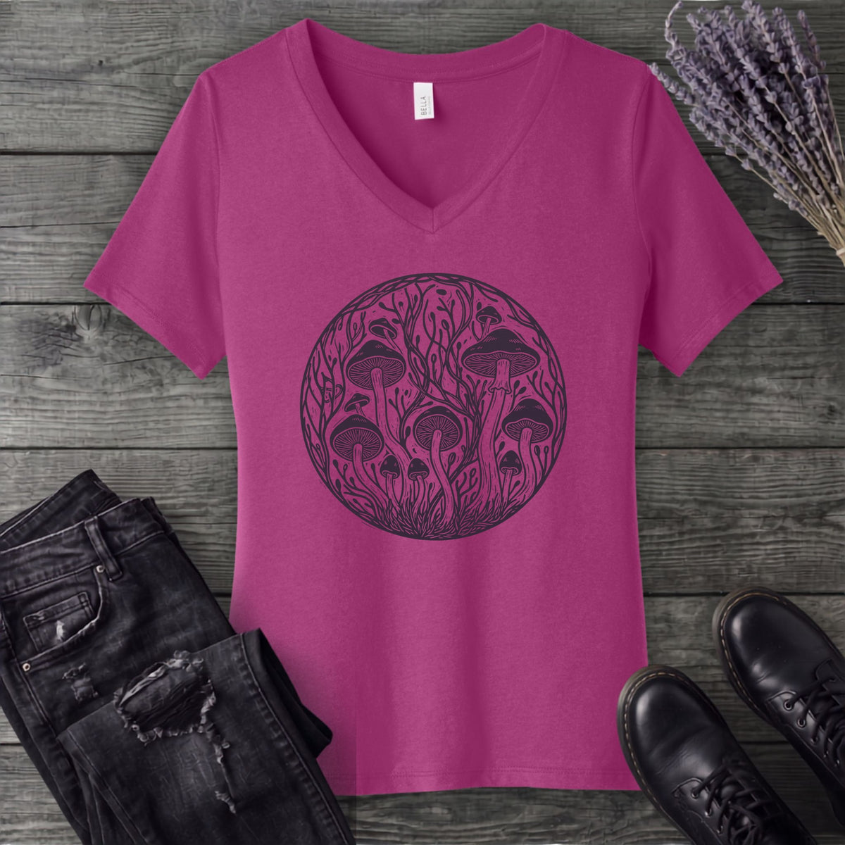 Linocut Mushroom Circle V-Neck T-Shirt