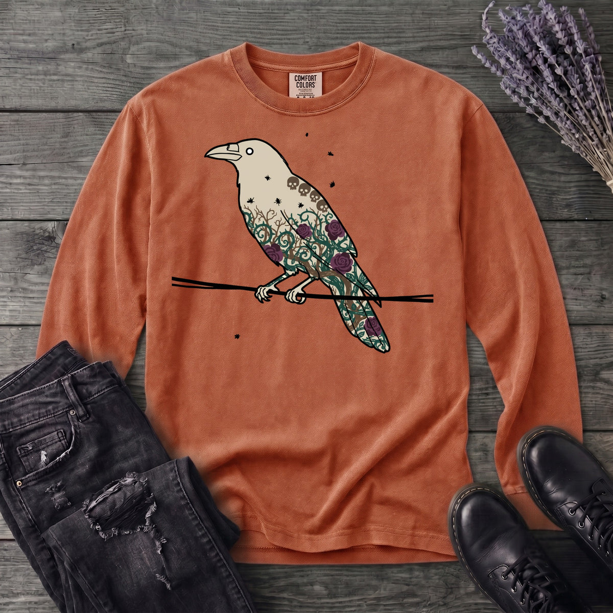 Crow Roses Silhouette Long Sleeve T-Shirt