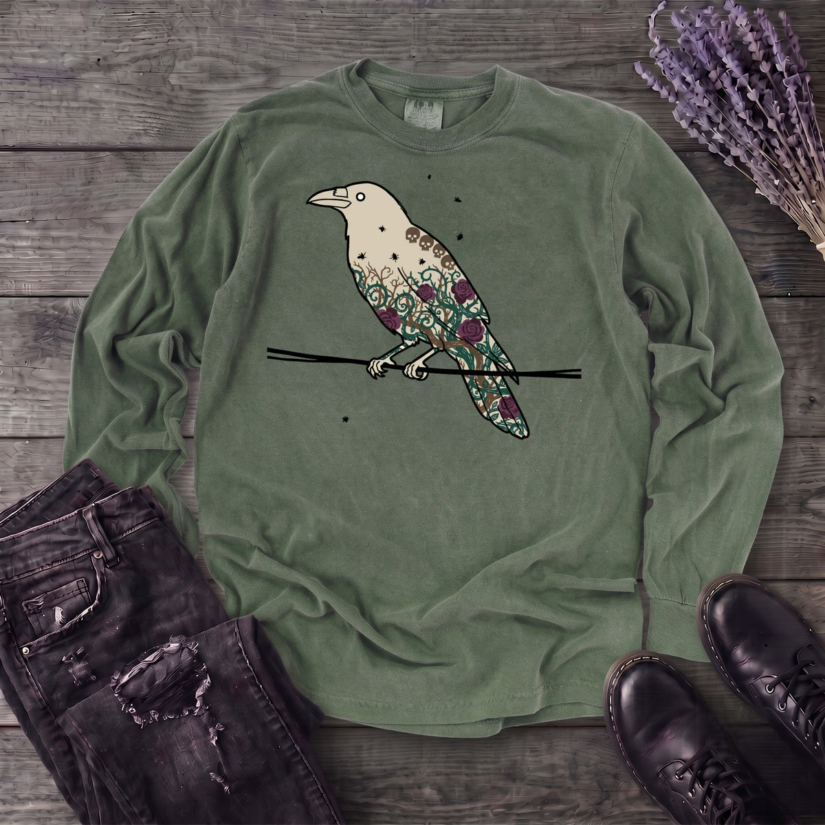 Crow Roses Silhouette Long Sleeve T-Shirt