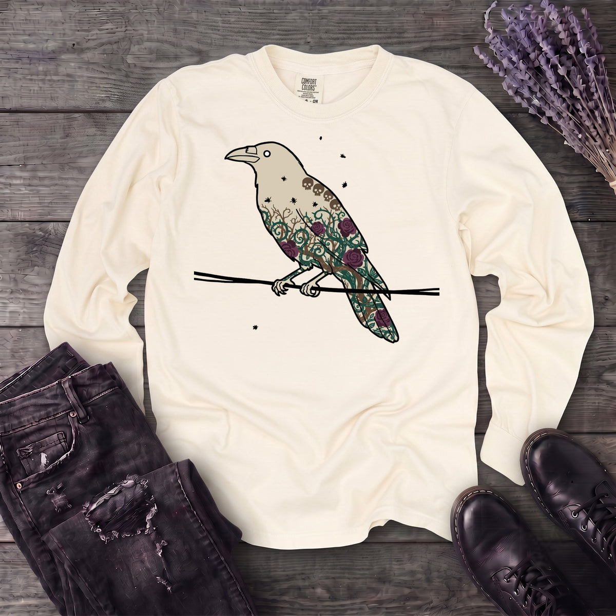 Crow Roses Silhouette Long Sleeve T-Shirt