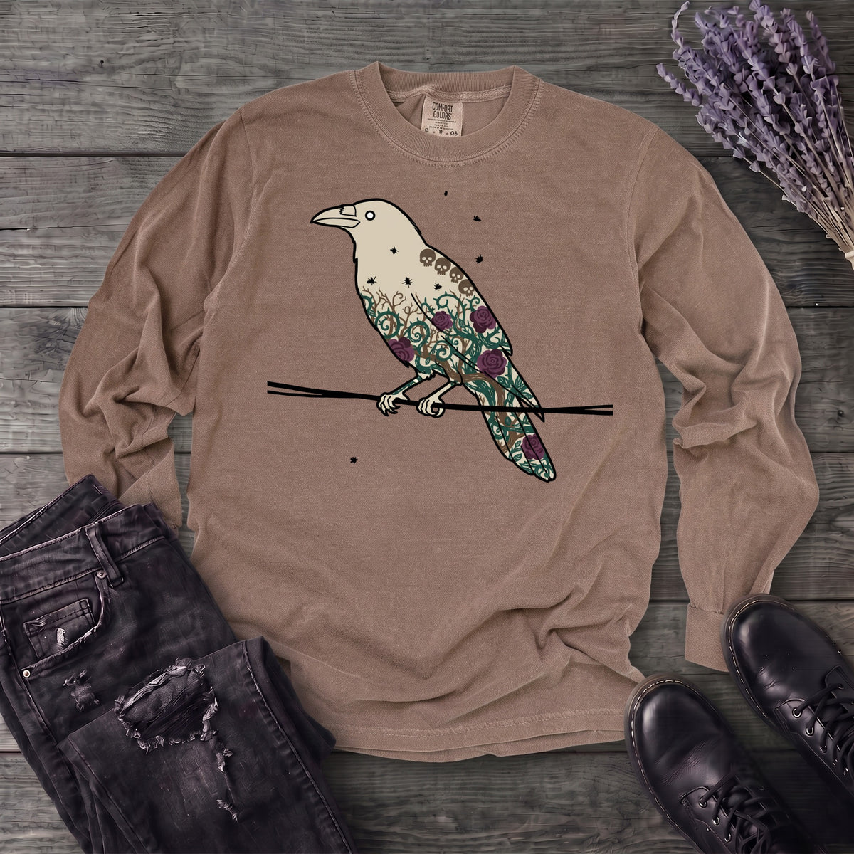 Crow Roses Silhouette Long Sleeve T-Shirt