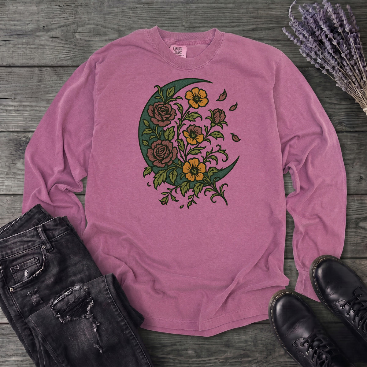 Crescent Moon Wildflowers Long Sleeve T-Shirt