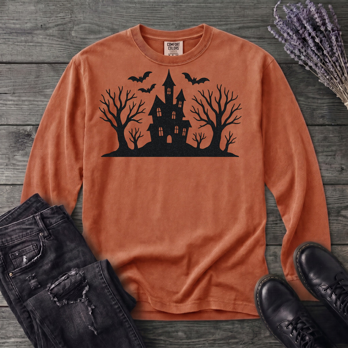 Haunted House Silhouette Long Sleeve T-Shirt