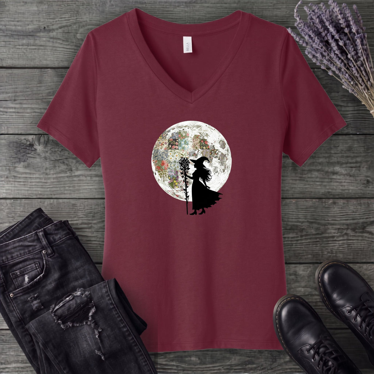 Quilt Moon Witch V-Neck T-Shirt