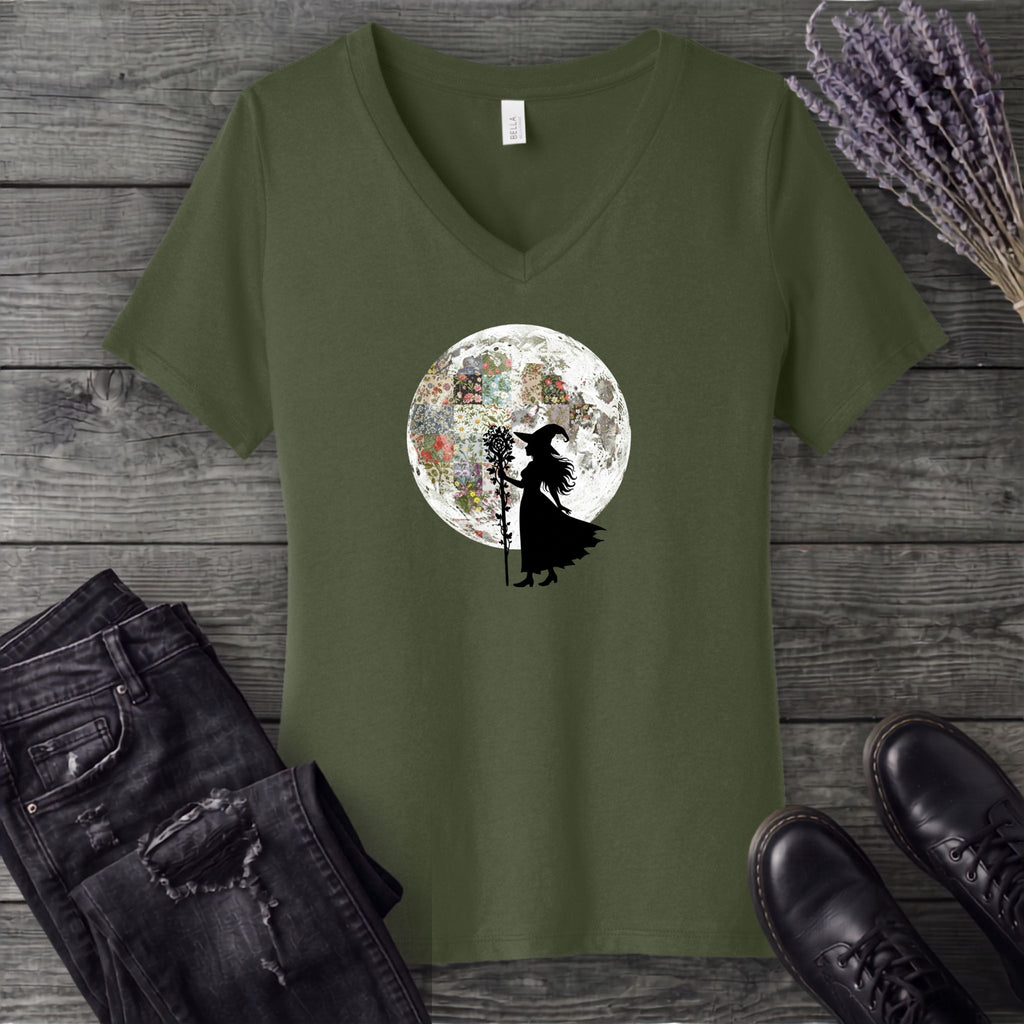 Quilt Moon Witch V-Neck T-Shirt