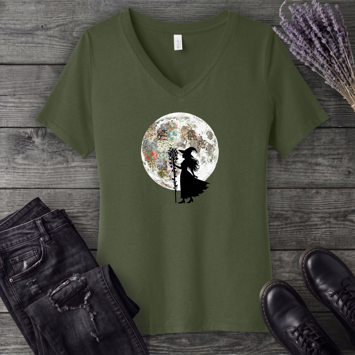 Quilt Moon Witch V-Neck T-Shirt