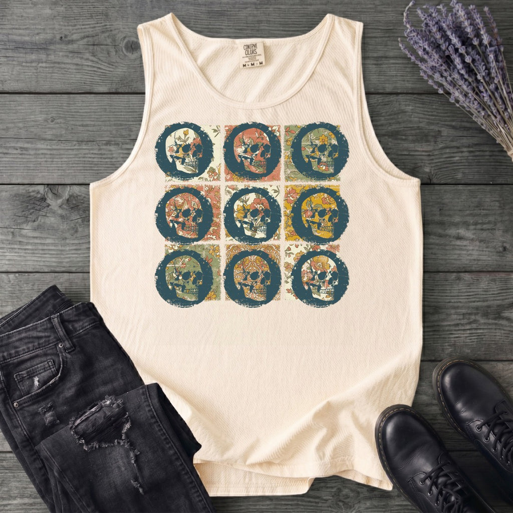 grunge skull floral grid Tank Top
