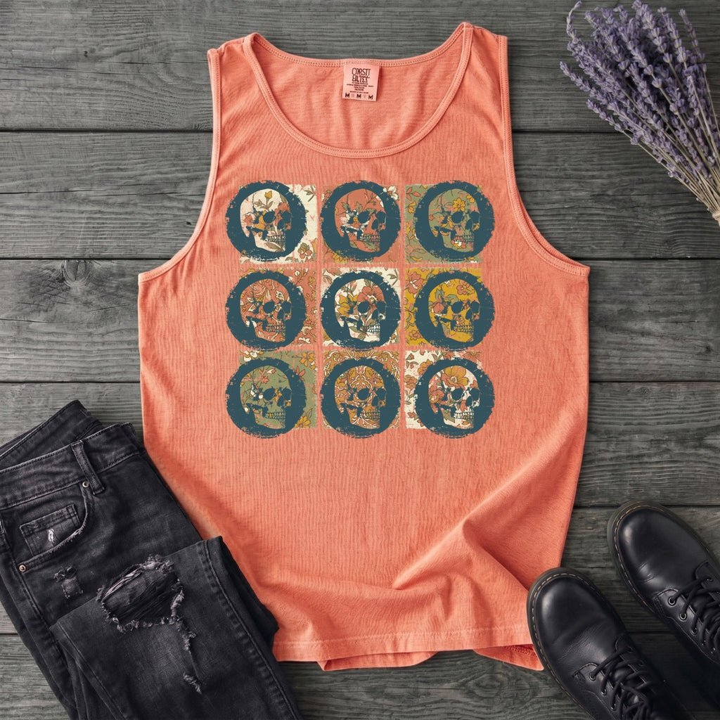 grunge skull floral grid Tank Top