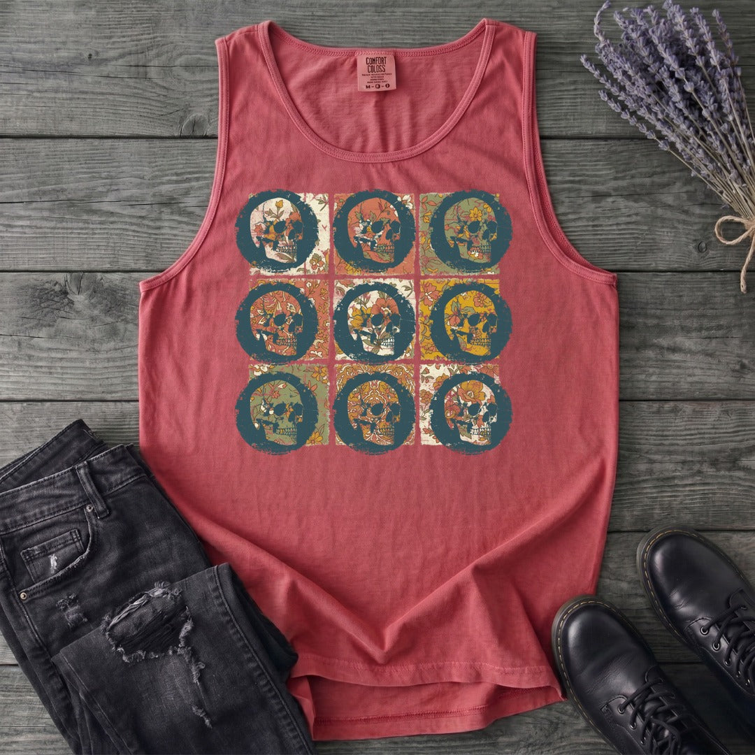 grunge skull floral grid Tank Top