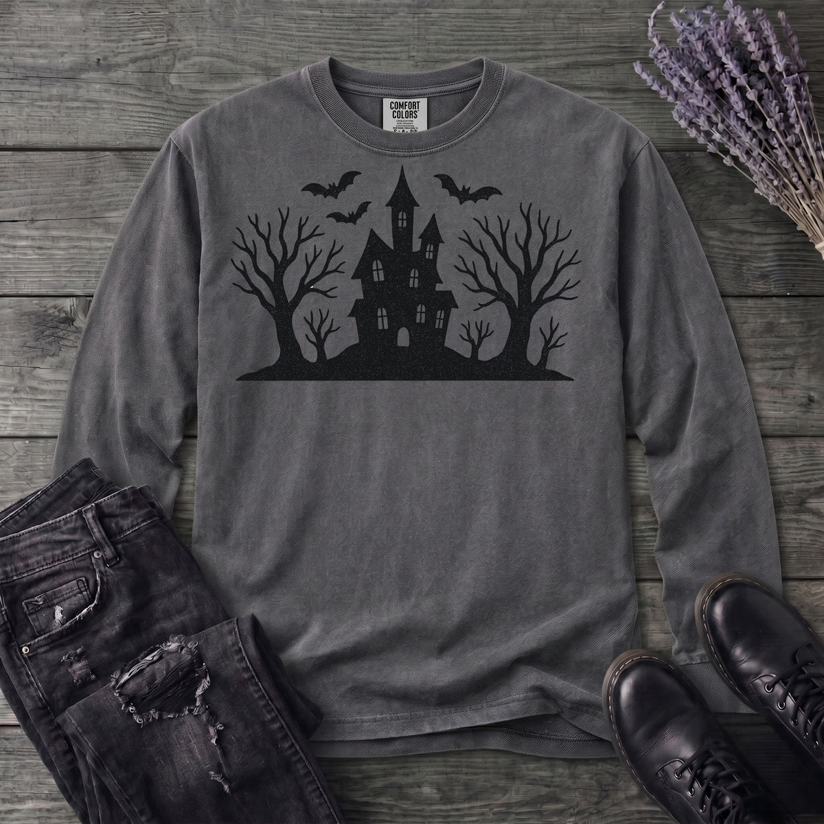Haunted House Silhouette Long Sleeve T-Shirt