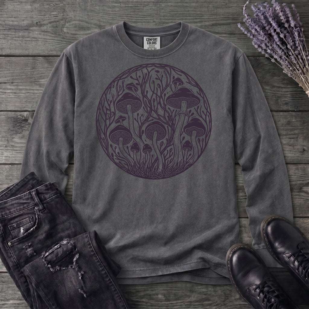 Linocut Mushroom Circle Long Sleeve T-Shirt