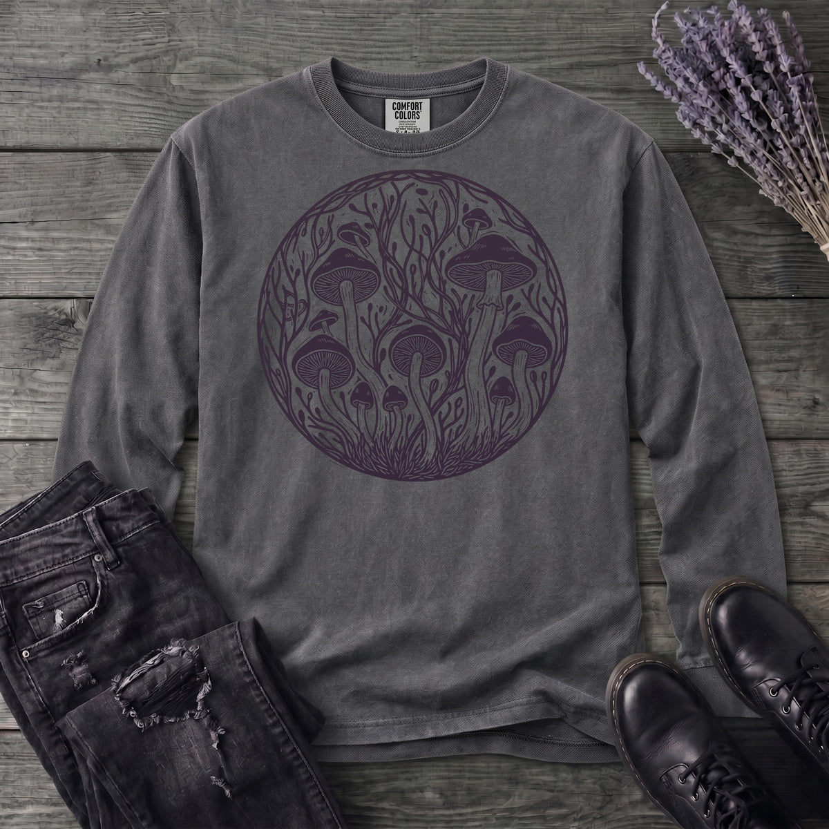 Linocut Mushroom Circle Long Sleeve T-Shirt