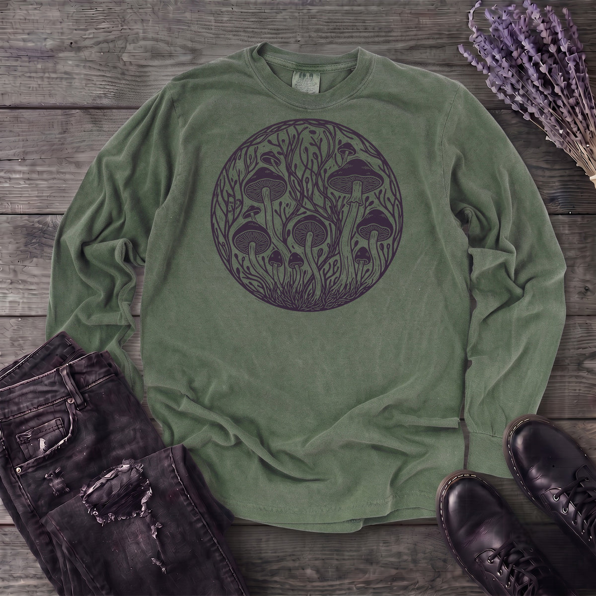 Linocut Mushroom Circle Long Sleeve T-Shirt