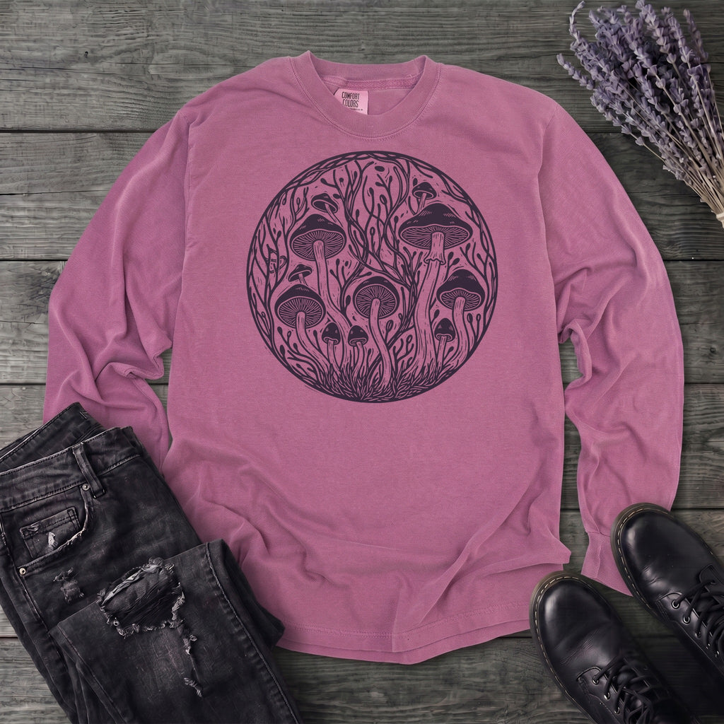 Linocut Mushroom Circle Long Sleeve T-Shirt
