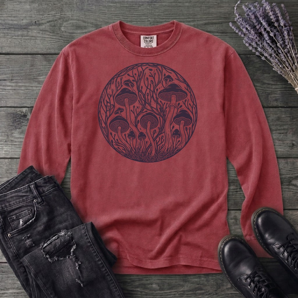 Linocut Mushroom Circle Long Sleeve T-Shirt