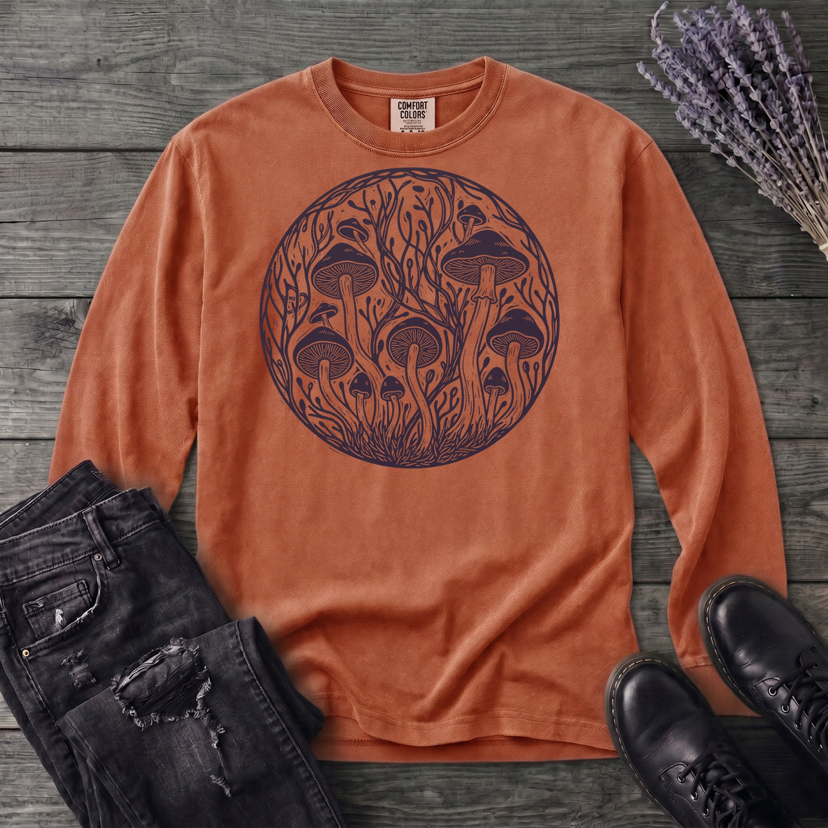 Linocut Mushroom Circle Long Sleeve T-Shirt