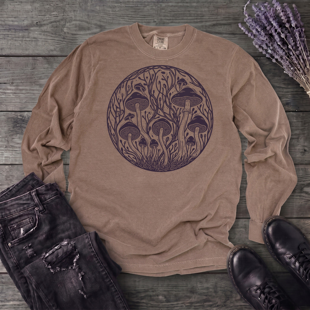 Linocut Mushroom Circle Long Sleeve T-Shirt