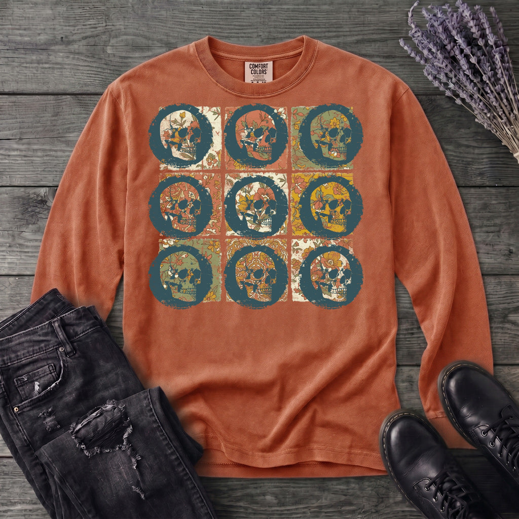 grunge skull floral grid Long Sleeve T-Shirt
