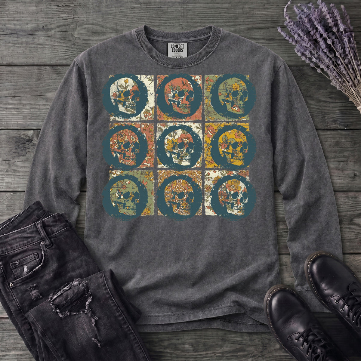 grunge skull floral grid Long Sleeve T-Shirt